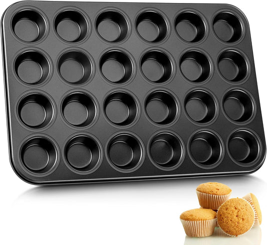 E-far Mini Muffin Pan 24-Cup - Nonstick Carbon Steel Cupcake Tin Tray for Little Bites & Freezer Prep | Warp-Free Bakeware Ensures Even Baking & Effortless Release, Regular Size & Oven Safe