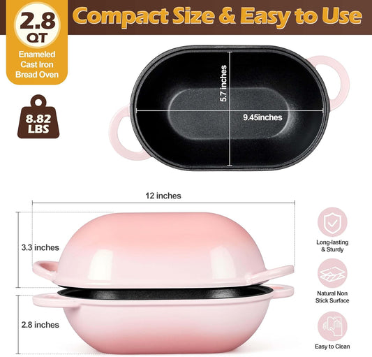 Homikit Enameled Cast Iron Dutch Oven for Bread Baking, 2.8 QT Oval Bread Oven Pot with Lid, Cast Iron Dutch Oven Loaf Sourdough Pan for Roasting Cooking, Pink & Heavy Duty