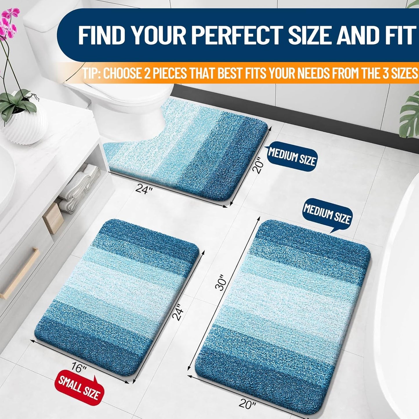 OLANLY Bathroom Rug Set 2 Piece, Soft Absorbent Microfiber Bath Mats and U-Shaped Contour Toilet Rug, Non-Slip, Machine Wash Dry, Plush Shaggy Bath Mats for Bathroom (24"x16"+24"x20", Peacock Blue)