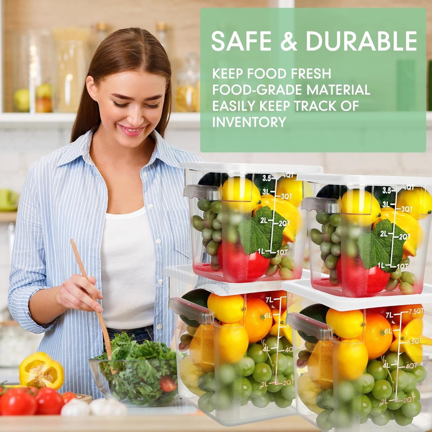 Lallisa 4 Pcs 8 Qt and 4 Qt Clear Food Storage Containers with Lids, Handles and Scales, Commercial Grade Square Containers Polycarbonate Air Tight for Home Storage Kitchen Restaurant(White)