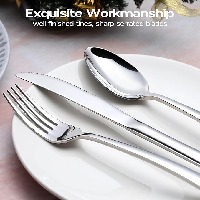Onader 65 Piece Heavy Duty Silverware Set with Serving Utensils, Stainless Steel Flatware Cutlery Set for 12