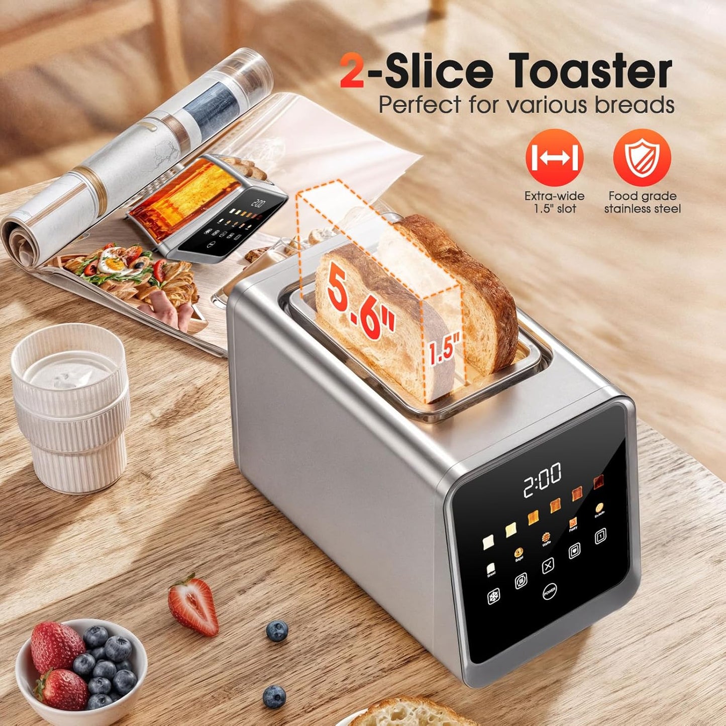 Touch Screen Toaster 2-Slice with 1.5" Wide Slots & Memory Recall | 900W Stainless Steel Smart Digital Toasters | 6 Shade Settings for Bagels & Thick Bread