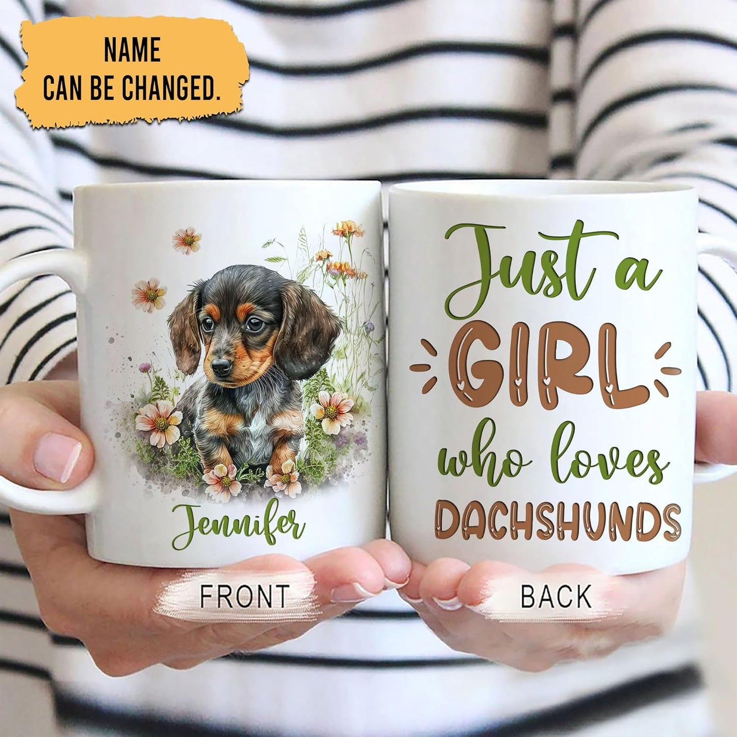 Hyturtle Personalized Gifts Dachshund Lover - Just A Girl Who Loves Dachshunds Custom Name Ceramic Coffee Mug Cup 11oz - Idea Cute Dog Lover Gifts For Women, Girl On Birthday, Christmas