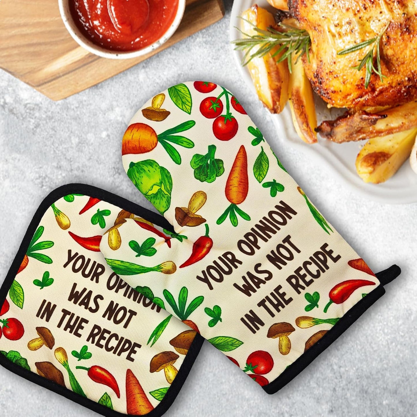 Funny Oven Mitts and Pot Holders（Set of 2） Your Opinion was Not in The Recipe Heat Resistant Mitt with Hanging Loop Cook Essentials Accessories Sweet Housewarming Gifts for Chef Hostess Mom