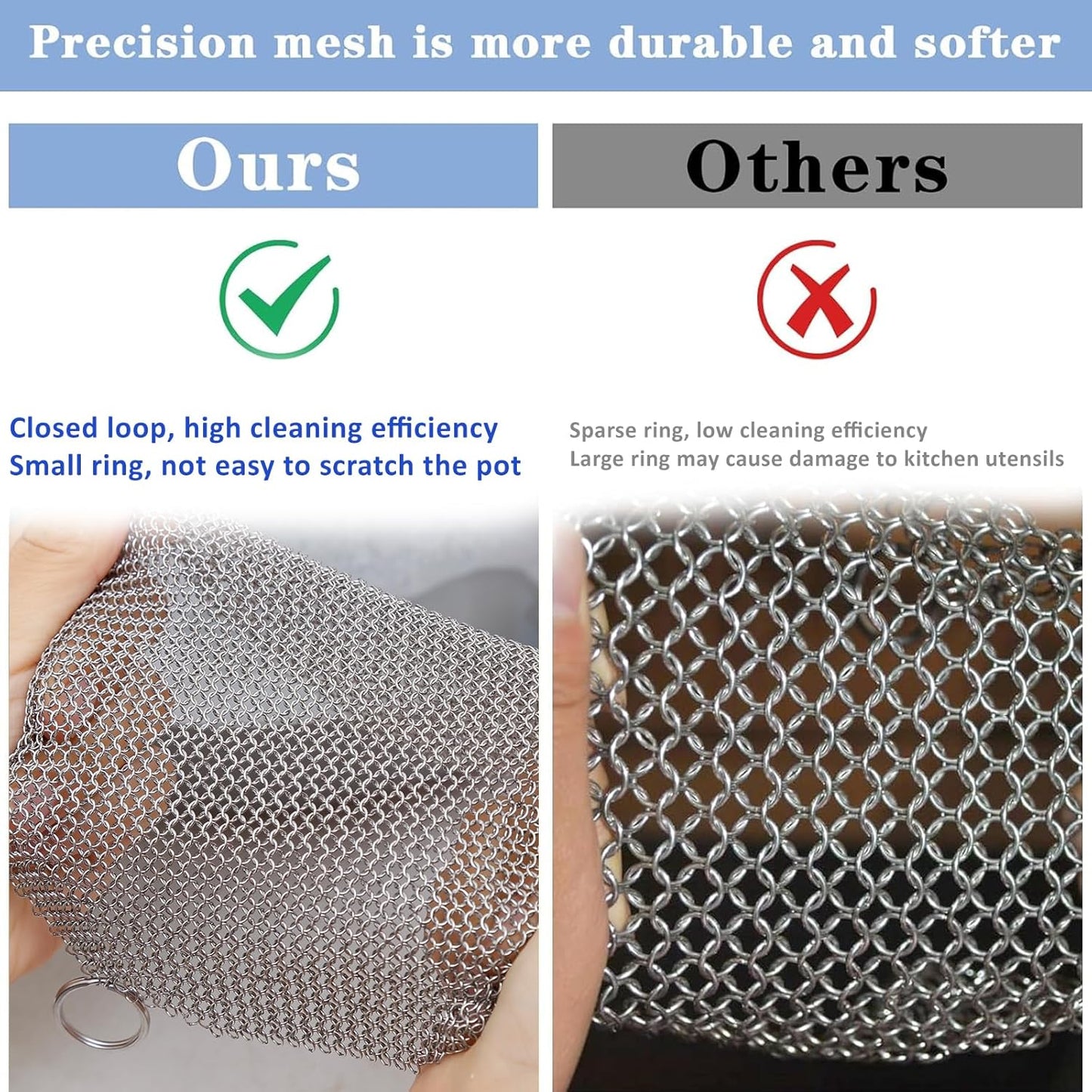 316L Stainless Steel Cast Iron Cleaner, Chainmail Scrubber,Kitchen Tool,Chain Mail Scrubber Cast Iron,for Hard Anodized Cookware, Pre-Seasoned Pans etc (10CM*10CM)