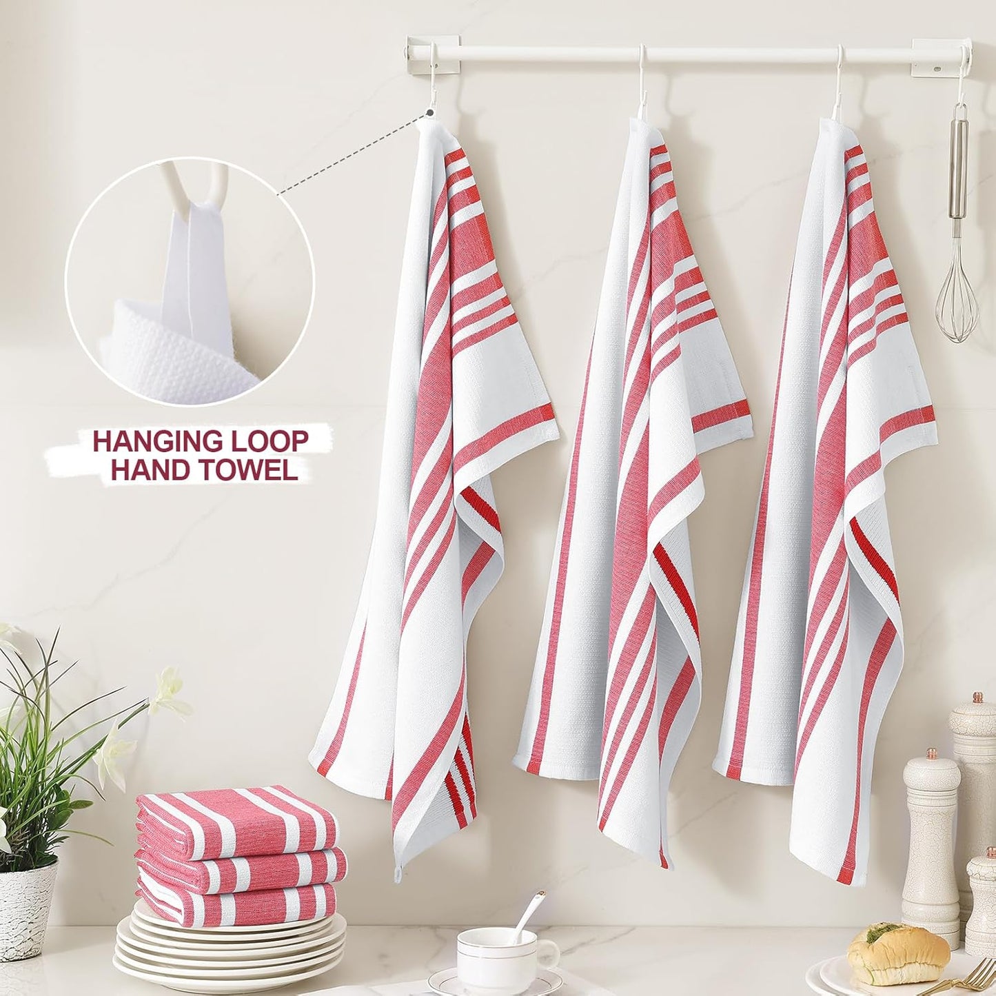 Homaxy Premium Kitchen Towels 18”x 28”, Large Cotton 380 GSM Kitchen Hand Towels, Stripe and Terry Dish Towel, Highly Absorbent Tea Towel Set with Hanging Loop, 6 Pack, Red