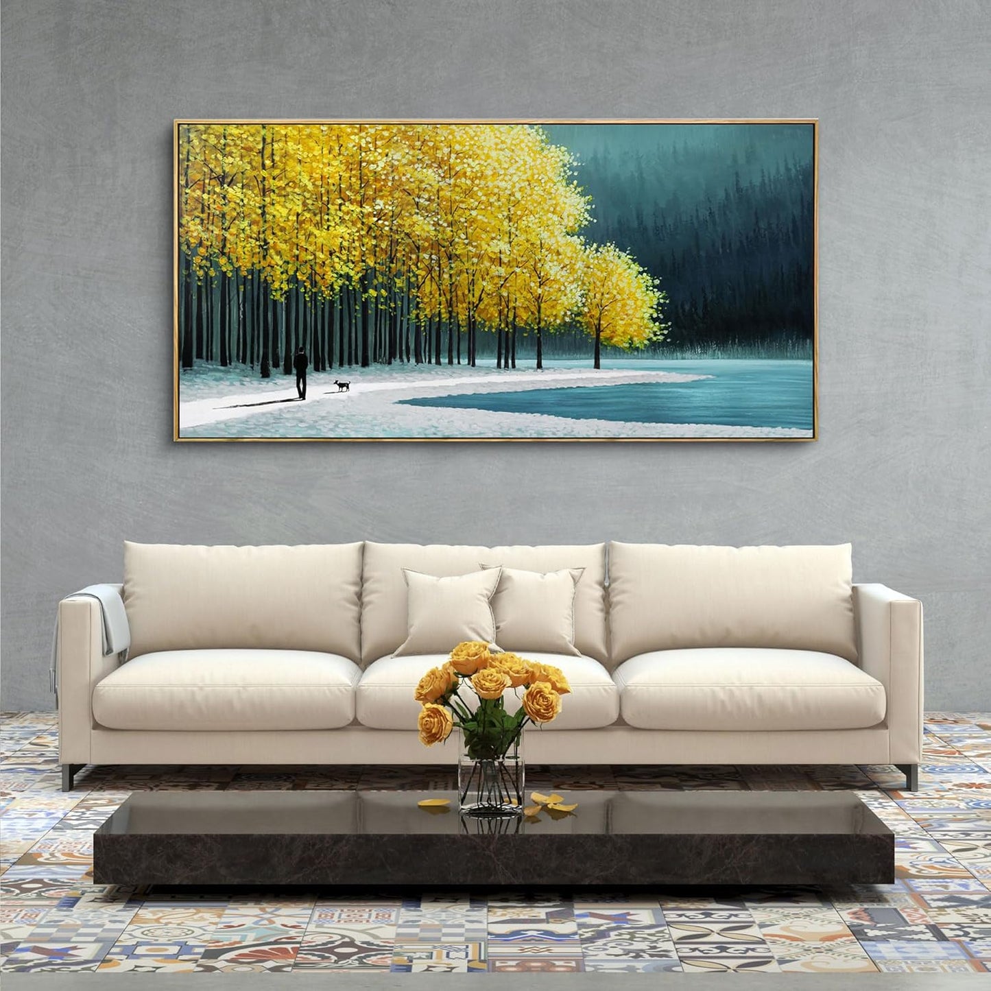 KLAKLA Large Wall Art - Yellow Bedroom Birch Tree Valley Snowy Forest Wild Lakes Landscape Canvas Pictures Wall Decoration for Living Room Office Home Decor - 48x24 Inches