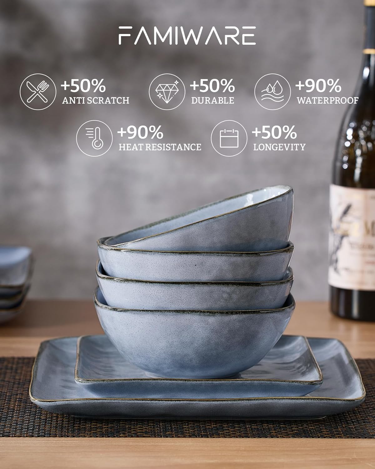 Famiware Ocean Square Plates and Bowls Set, 18 Pieces Dinnerware Sets, Dishes Set for 6, Microwave and Dishwasher Safe, Scratch Resistant, Blue