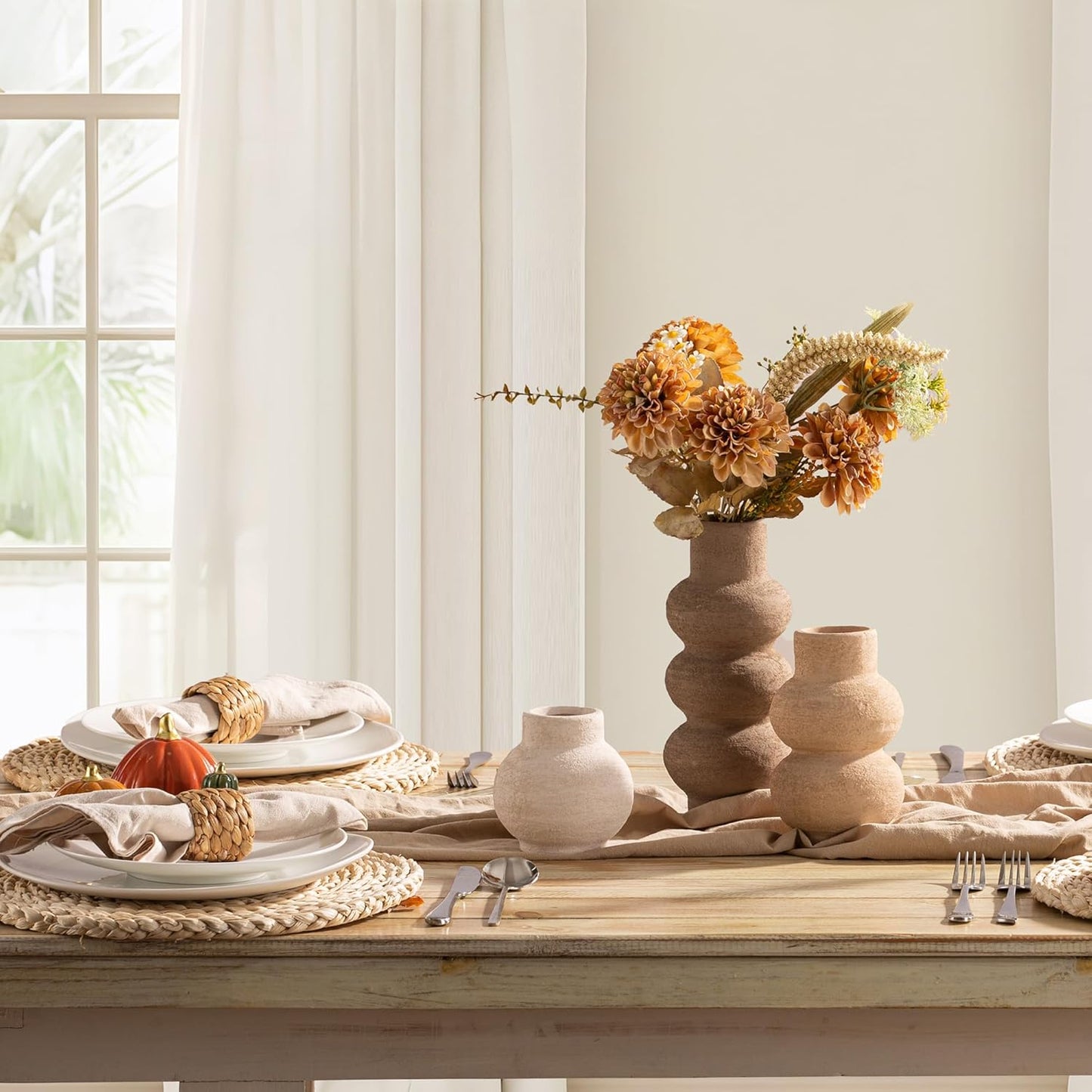 Ceramic Vase Home Table Decor - Flower Vase Set of 3 Living Room Kitchen Decorations Farmhouse Modern Rustic Vases Decorative Centerpiece for Shelf Bedroom Office Bathroom Dining Coffee Desk