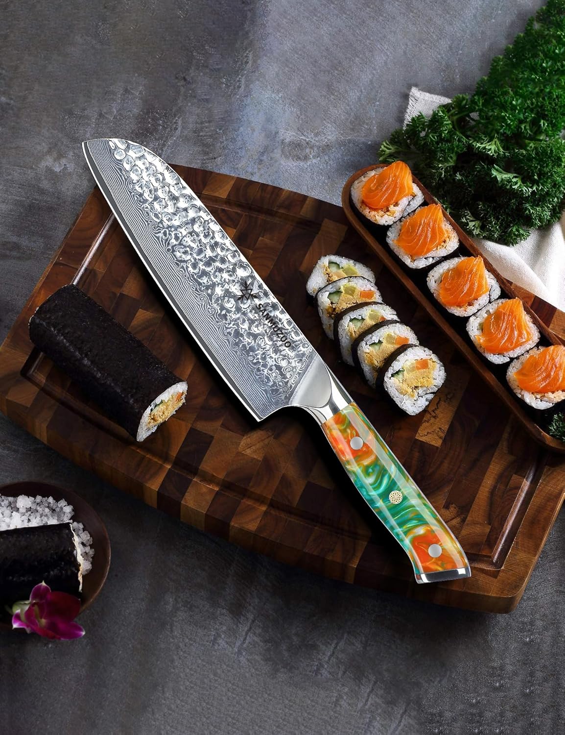 7" Santoku Knife - Japanese Chef Knife - Hammered Damascus Steel & Resin Handle - YAO Series