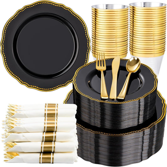 Hioasis 350pcs Black and gold Plastic Plates - Gold Plastic Dinnerware Set Includes 50 Dinner Plates, 50 Dessert Dinnerware, 50 Cups, 50 Rolled Napkin Cutlery Perfect for Wedding & Halloween