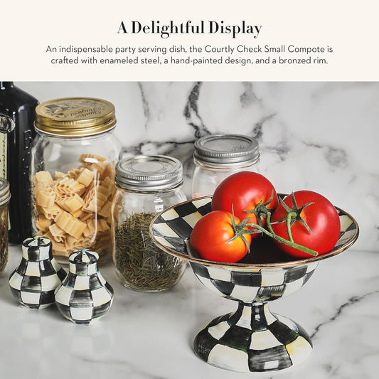 MACKENZIE-CHILDS Enamel Compote, Cute Enamel Pedestal Serving Dish or Decorative Bowl, Small, Black-and-White Courtly Check