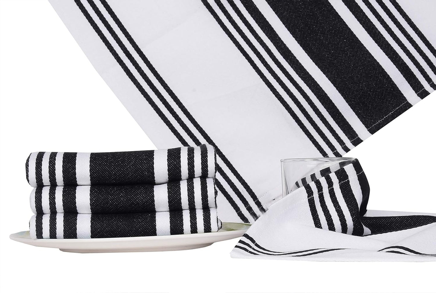 Urban Villa Kitchen Towels 100% Cotton Pack of 6, Highly Absorbent Quick Drying Super Soft Premium Dish Towels for Kitchen with Hanging Loop Hand & Tea Towels - 20x30 Inch, (Black & White, Striped)