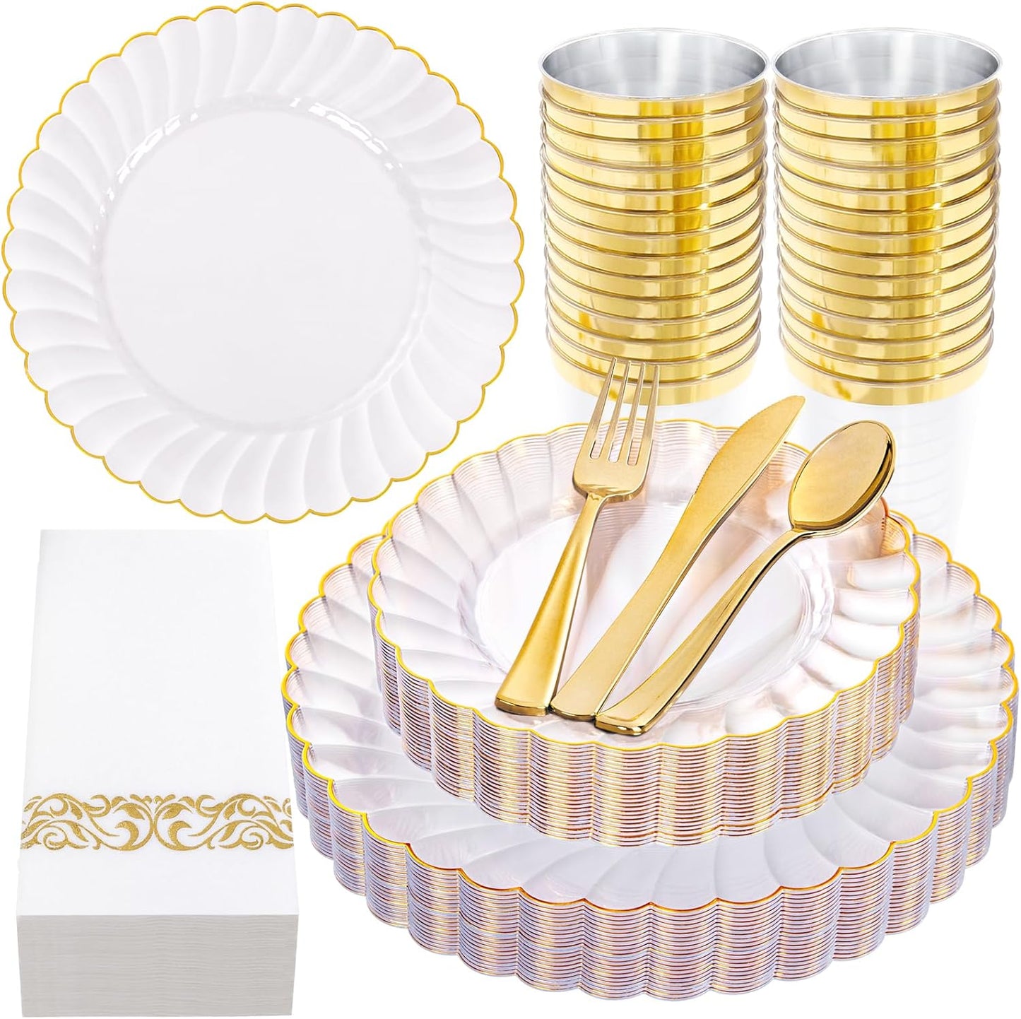YOUBET 175PCS Gold Scalloped Plastic Plates - Clear and Gold Disposable Dinnerware Set Include 50 Plates, 75 Gold Silverware, 25 Cups, 25 Napkins for Party & Wedding & Thanksgiving