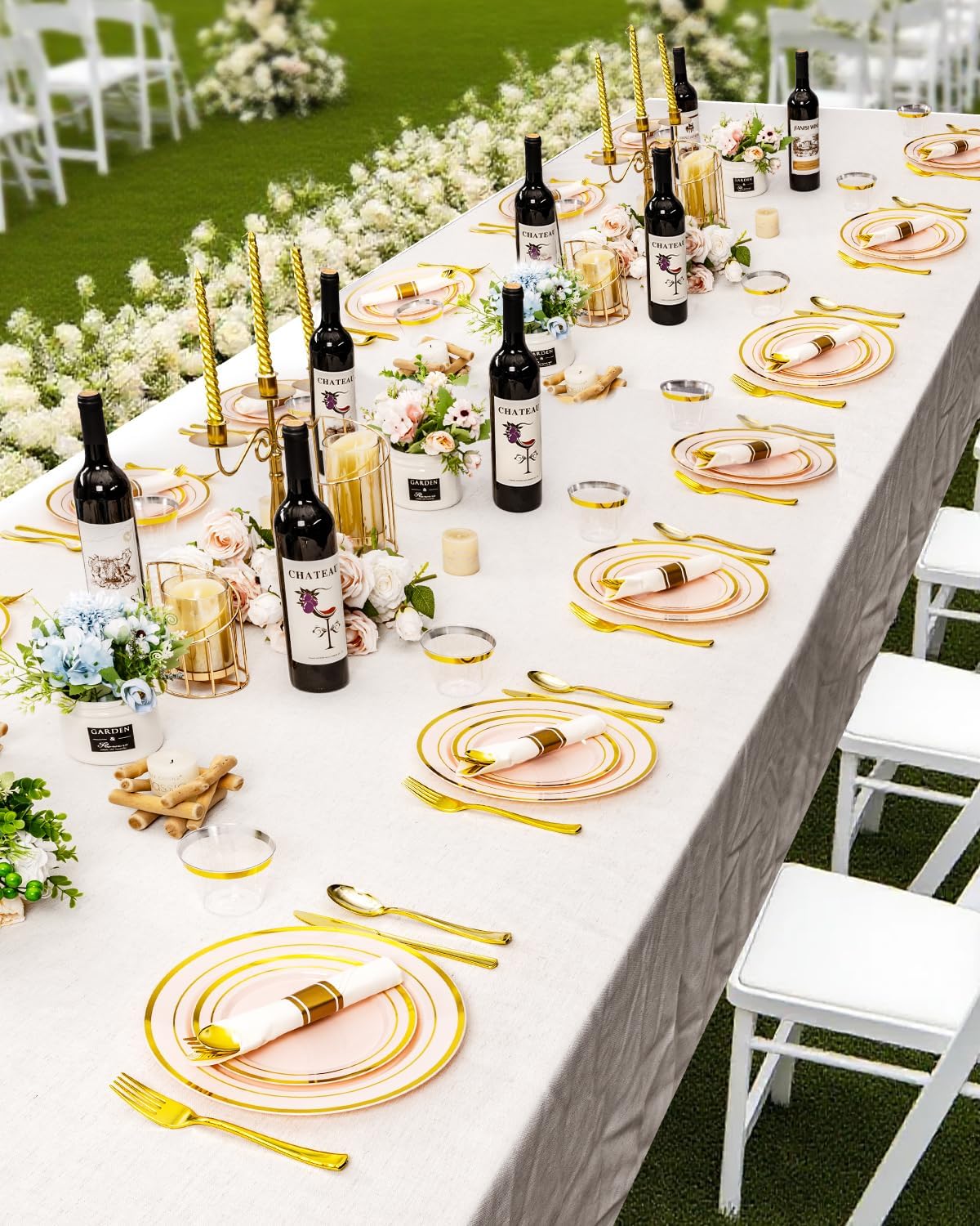 350PCS Pink Plastic Dinnerware Set, Disposable Party Plates for 50 Guests, Include: 100 Pink and Gold Plastic Plates, 50 Pre Rolled Napkins with Gold Silverware, 50 Cups for Wedding, Christmas