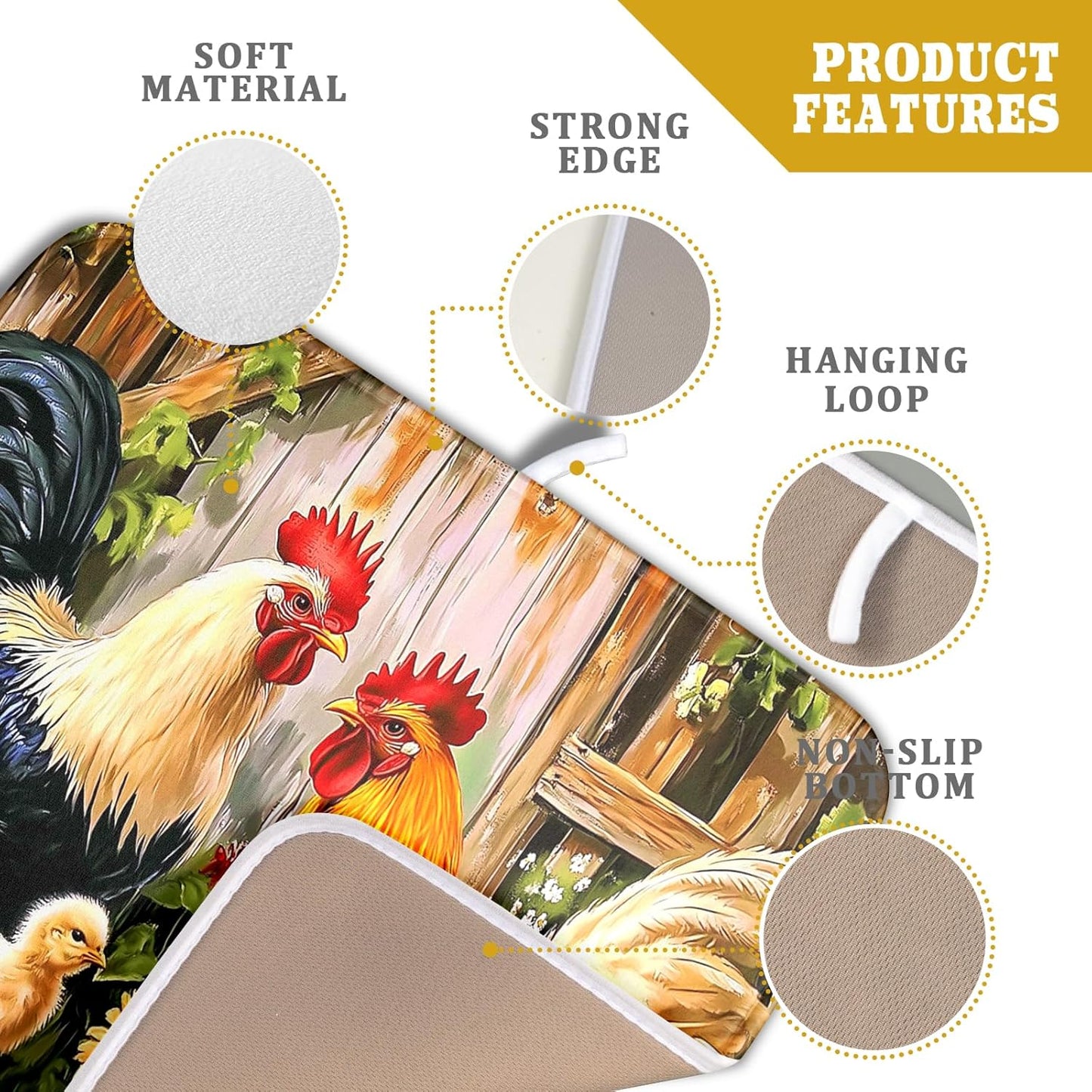 Rooster Chickens Dish Drying Mats 16x18 Inch,Farmhouse Wooden Fence Sunflower Microfiber Absorbent Quick-Dry Drainer Rack Sink Protector Pad for Kitchen Counter Decor