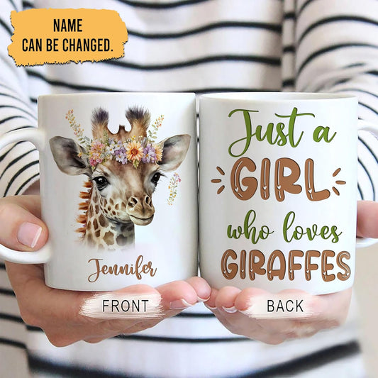 Hyturtle Personalized Gifts Giraffe Lover - Just A Girl Who Loves Giraffes Custom Name Ceramic Coffee Mug Cup 11oz - Idea Cute Animal Lover Gifts For Women, Girl Daughter On Birthday, Christmas