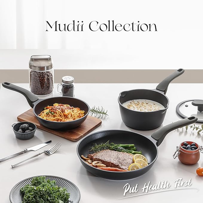 PRICUSIS Nonstick Ceramic Frying Pan with Lid, 8/10 Inch Skillet with Stay Cool Handle, Fully Coated, Induction Compatible & Oven Safe, 100% Dishwasher Safe, PTFE & PFOA Free（10 Inch, Black Sesame）