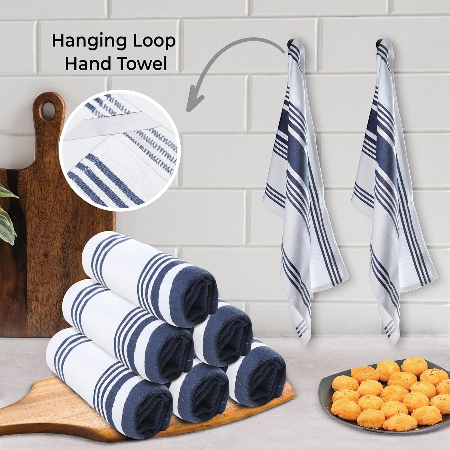 Urban Villa Kitchen Towels 100% Cotton Pack of 6, Highly Absorbent Quick Drying Super Soft Premium Dish Towels for Kitchen with Hanging Loop Hand & Tea Towels - 20x30 Inch, (Blue & White, Striped)