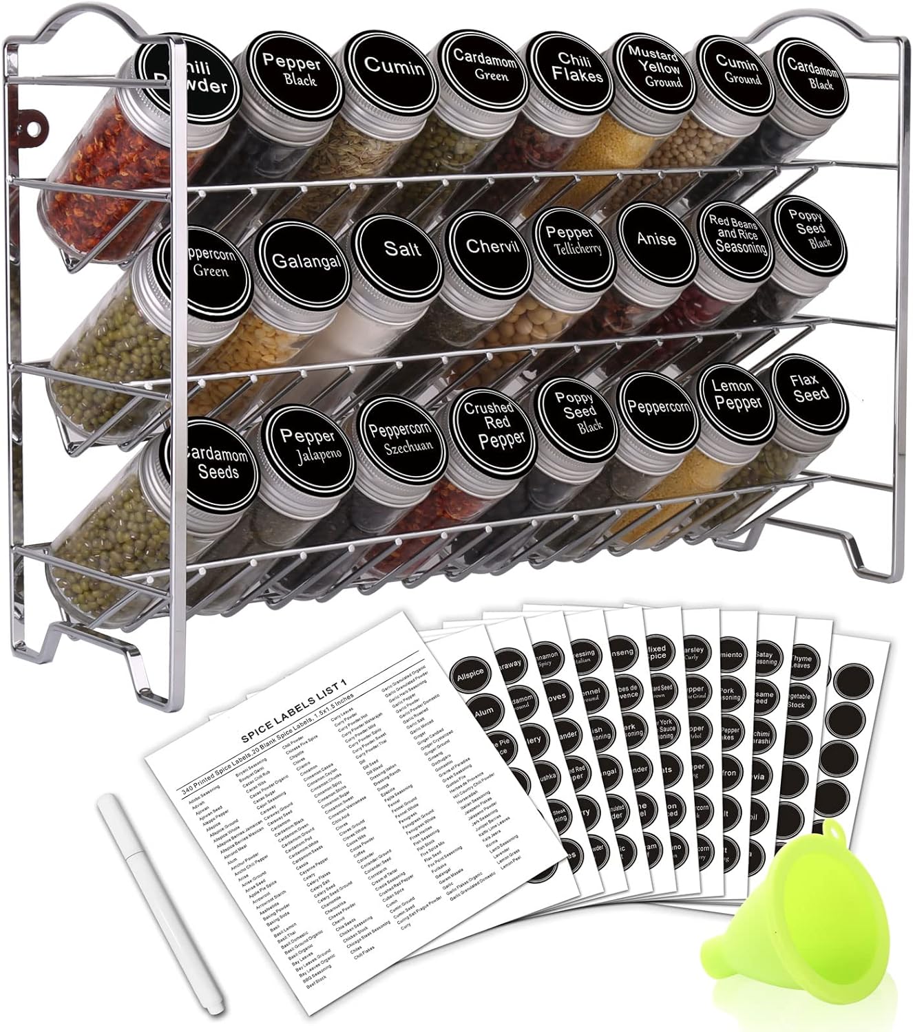 Spice Rack Organizer with 24 Empty Round Spice Jars, 396 Spice Labels with Chalk Marker and Funnel Complete Set, SWOMMOLY Spice Rack for Cabinet, Countertop or Wall Mount, Silver