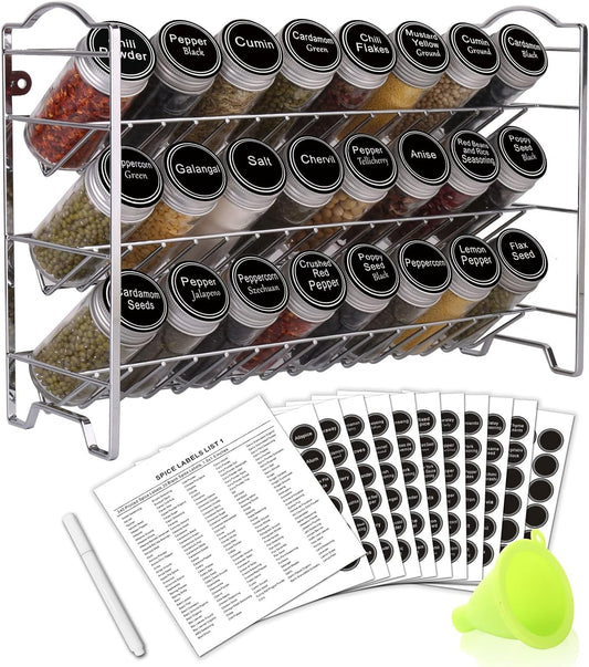Spice Rack Organizer with 24 Empty Round Spice Jars, 396 Spice Labels with Chalk Marker and Funnel Complete Set, SWOMMOLY Spice Rack for Cabinet, Countertop or Wall Mount, Silver