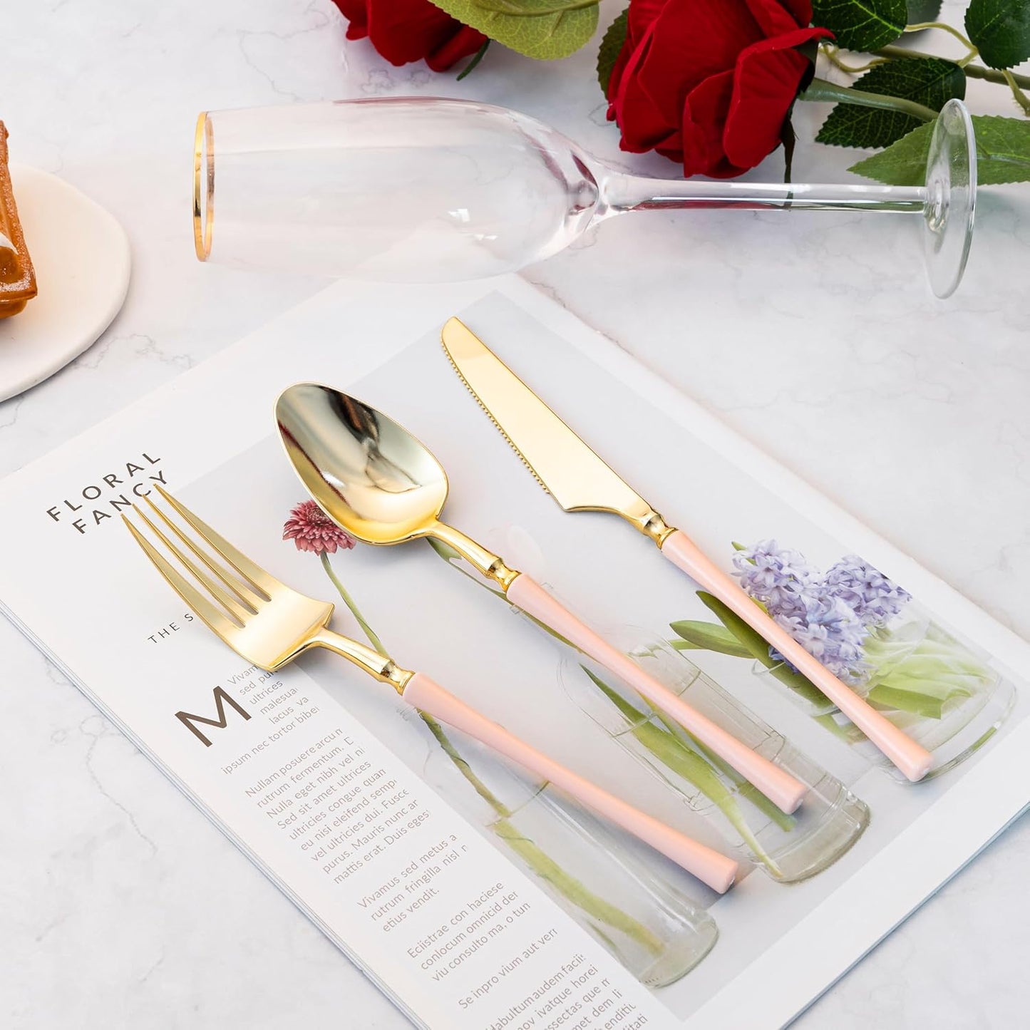 Lullaby 90pcs Gold Plastic Silverware, High End Disposable Cutlery with Pink Handle Include 30 Forks, 30 Spoons, 30 Knives, Elegant Disposable Silverware for Wedding, Party, Gathering and Daily Use