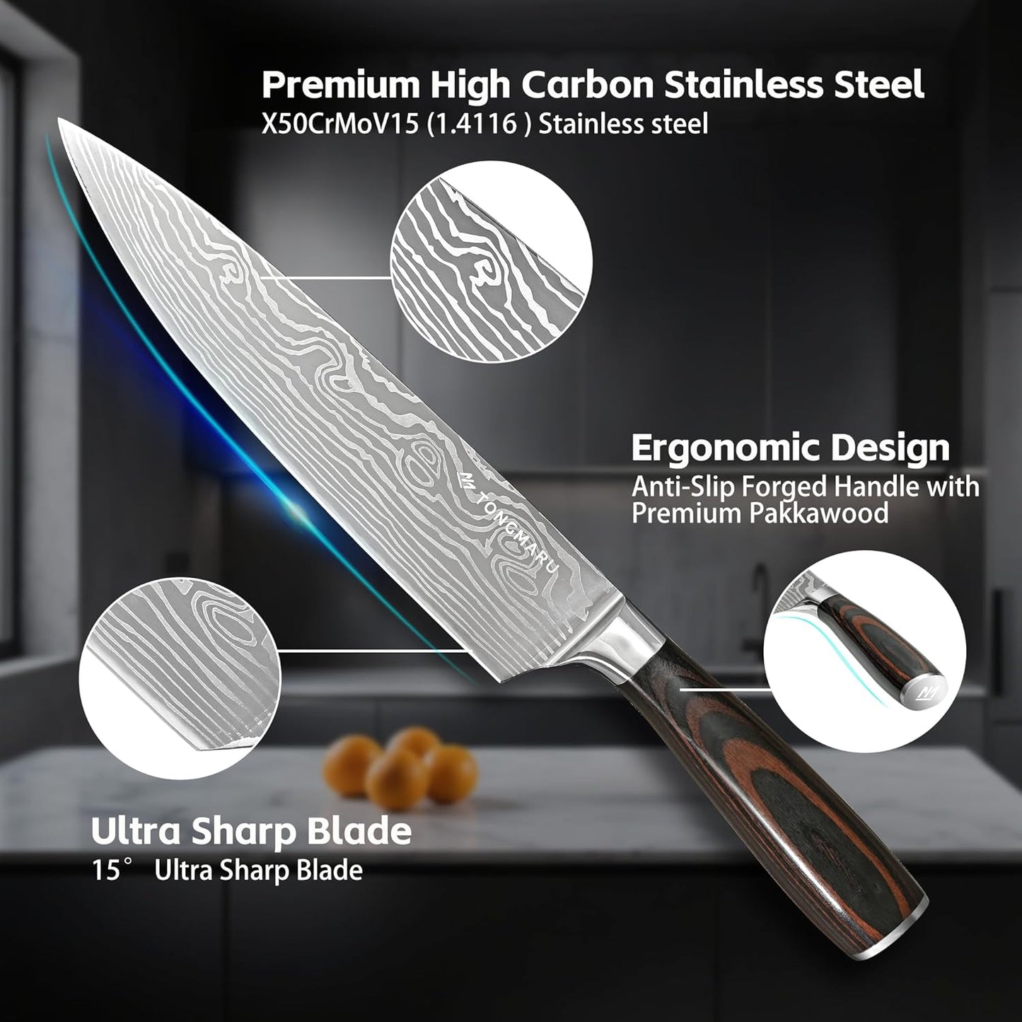 Professional Kitchen Chef Knife sets, Razor Sharp Premium High Carbon German Steel 3 pcs Knife Set, Ergonomic Forged Pakkawood Handle, Chef, Santoku & Utility Knife, With Premium Gift Box, for Family