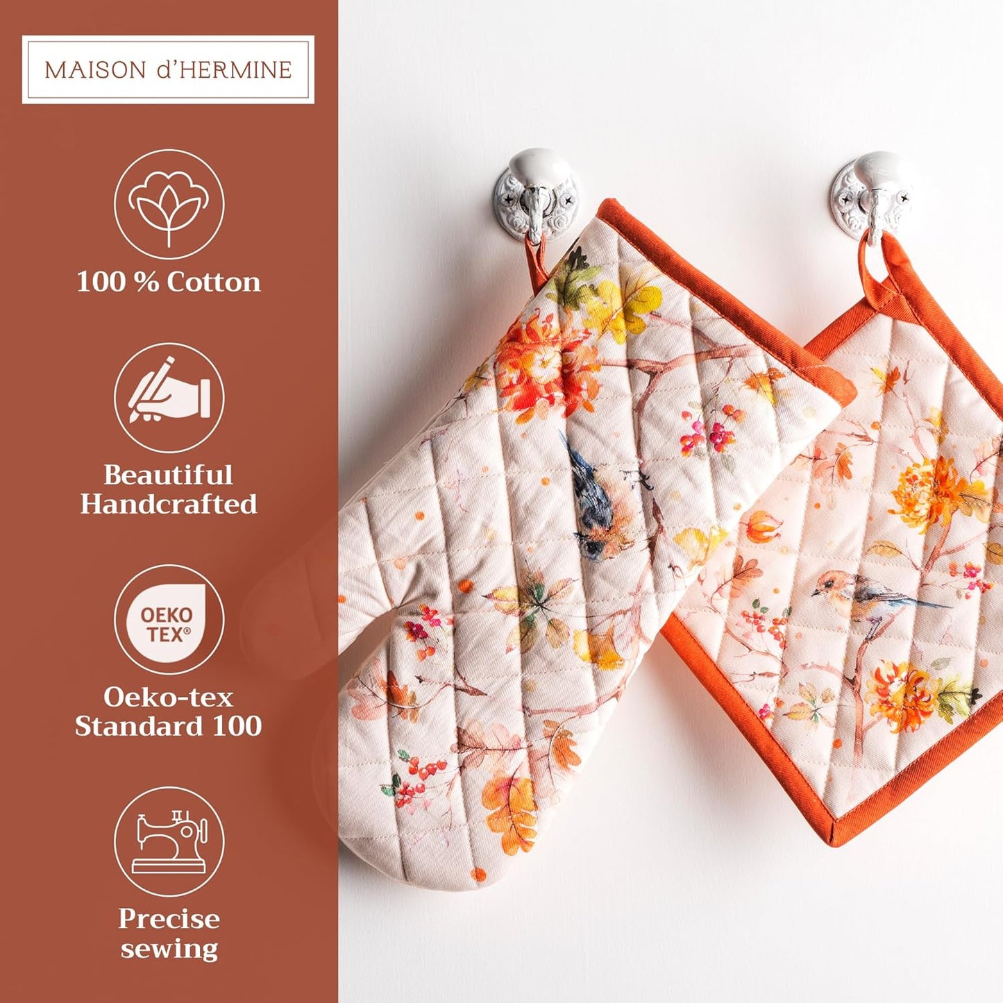 Maison d' Hermine 100% Cotton Oven Mitt & Pot Holder Set (7.5"x13" & 8"x8") Heat Resistant BBQ Cooking Gloves with Loop for Thanksgiving Christmas Decorations Handling Hot Pans (Kelim - Prairie)