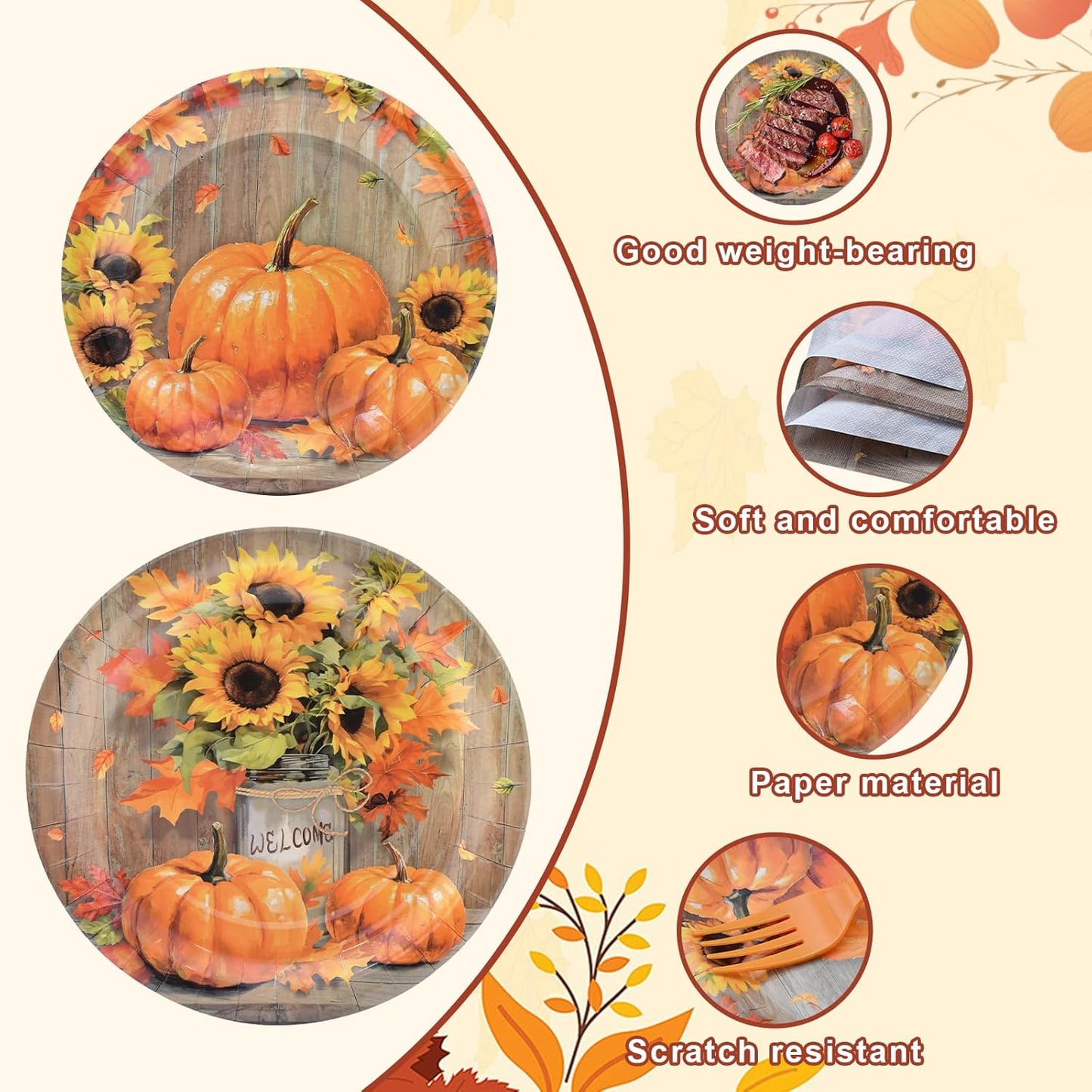 96 Pieces Thanksgiving Tableware Set – Rustic Pumpkin and Sunflower Disposable Dinnerware with Paper Plates, Napkins, and Forks for Thanksgiving Harvest Friendsgiving Fall Parties, Serves 24 Guests
