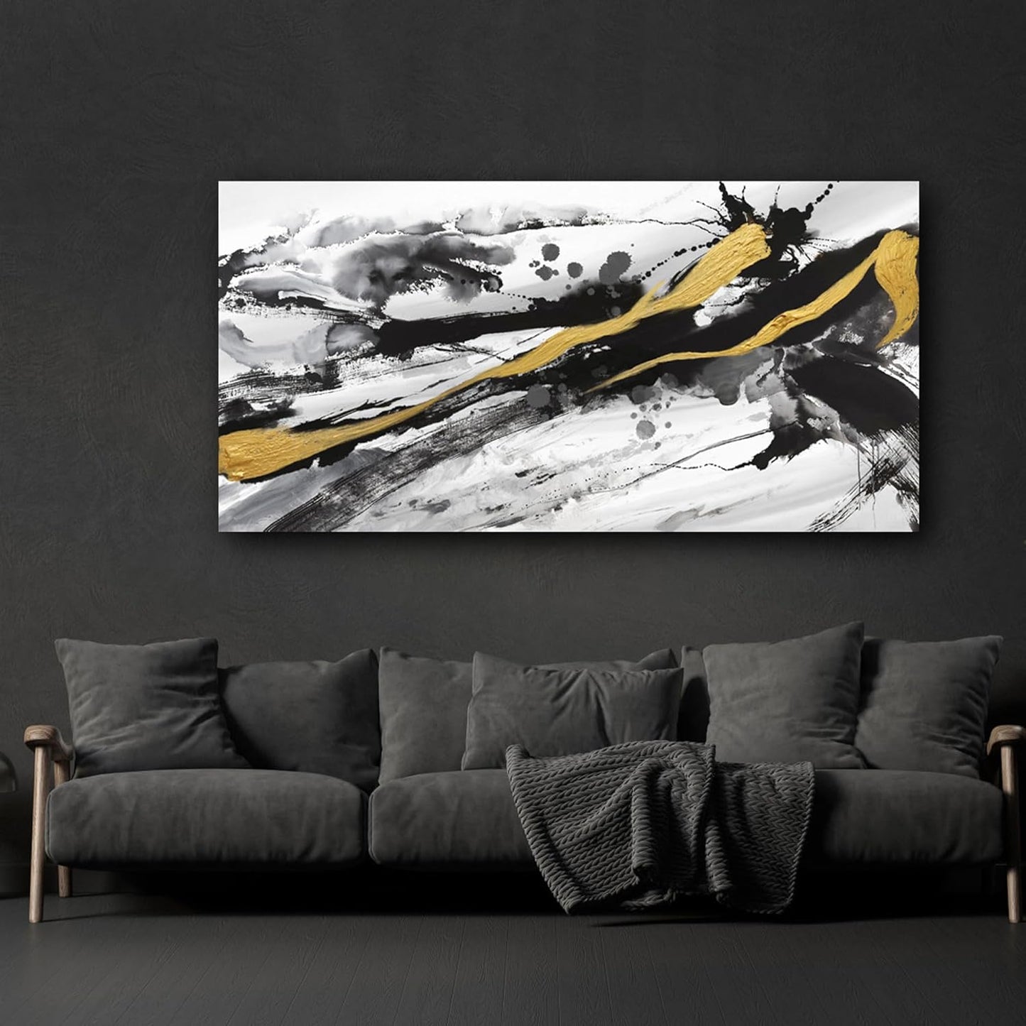XLSJERST Black and White Abstract Wall Art - Canvas Wall Art for Living Room Bedroom Modern Gold Ink Painting Style Picture Artwork for Wall Decor Size 29x58 Inches