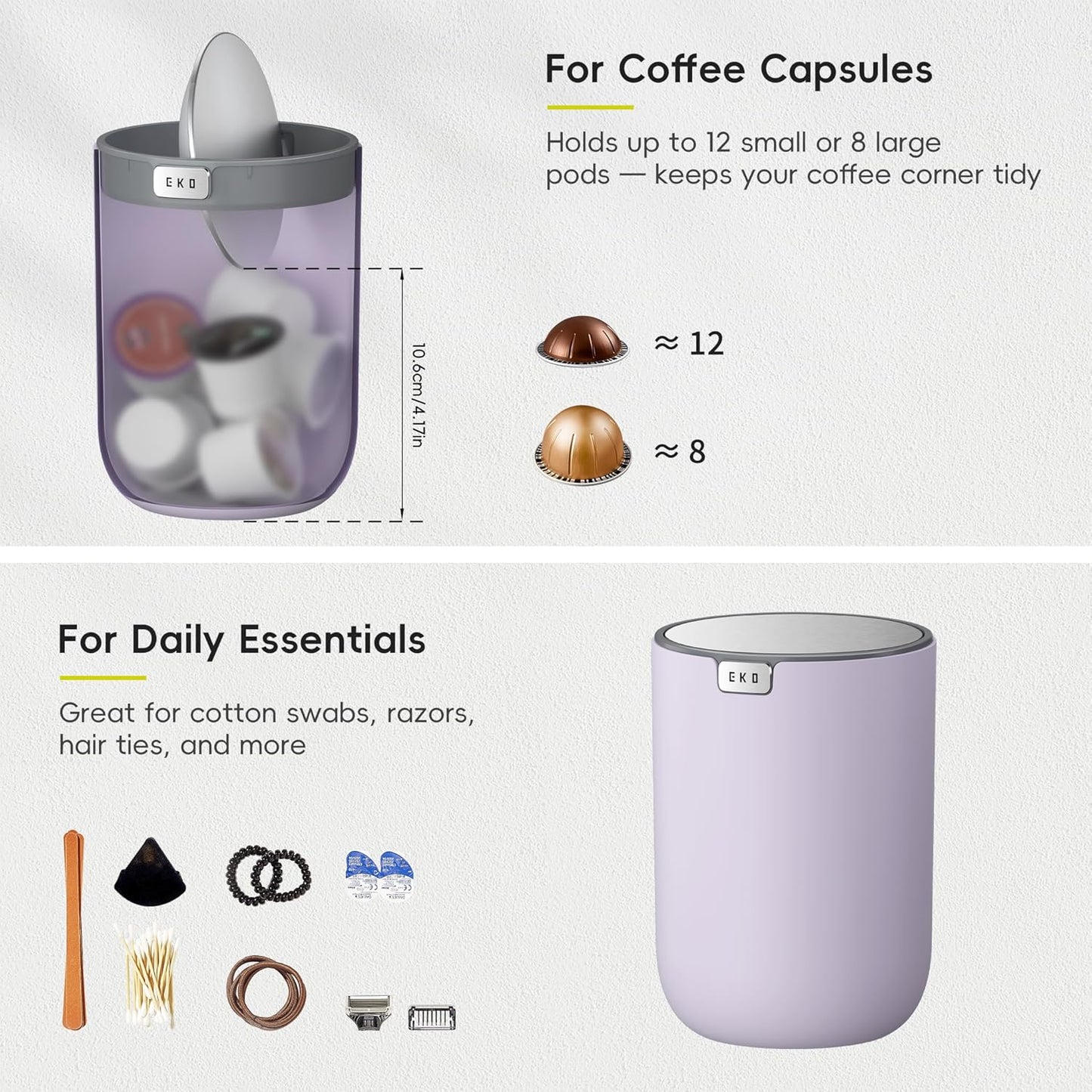 EKO Mini Desk Trash Can with Swing-Top Lid 0.4 Gallon Small Table Round Wastebasket for Office, Home, Car (Lavender)