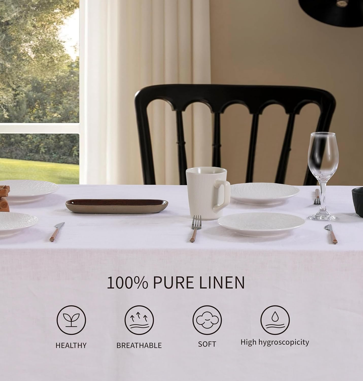 100% French Flax Linen Tablecloths Scalloped Embroidery Rectangle 120Lx60W Inch for Dinners, Parties, Spring, Machine Washable, 10-12 Sets, White(Edges-Green)