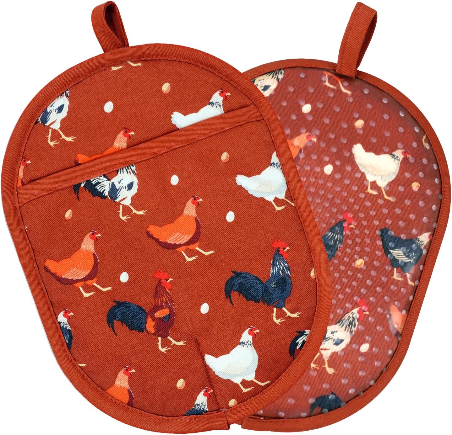 Pot Holders Set of 2 with Transparent Clear Silicone Shell and Nice Dog Flower Cotton Lining, Heat Resistant to 500 F Kitchen Oven Gloves Pot Holder for Cooking (Rooster, Potholders)