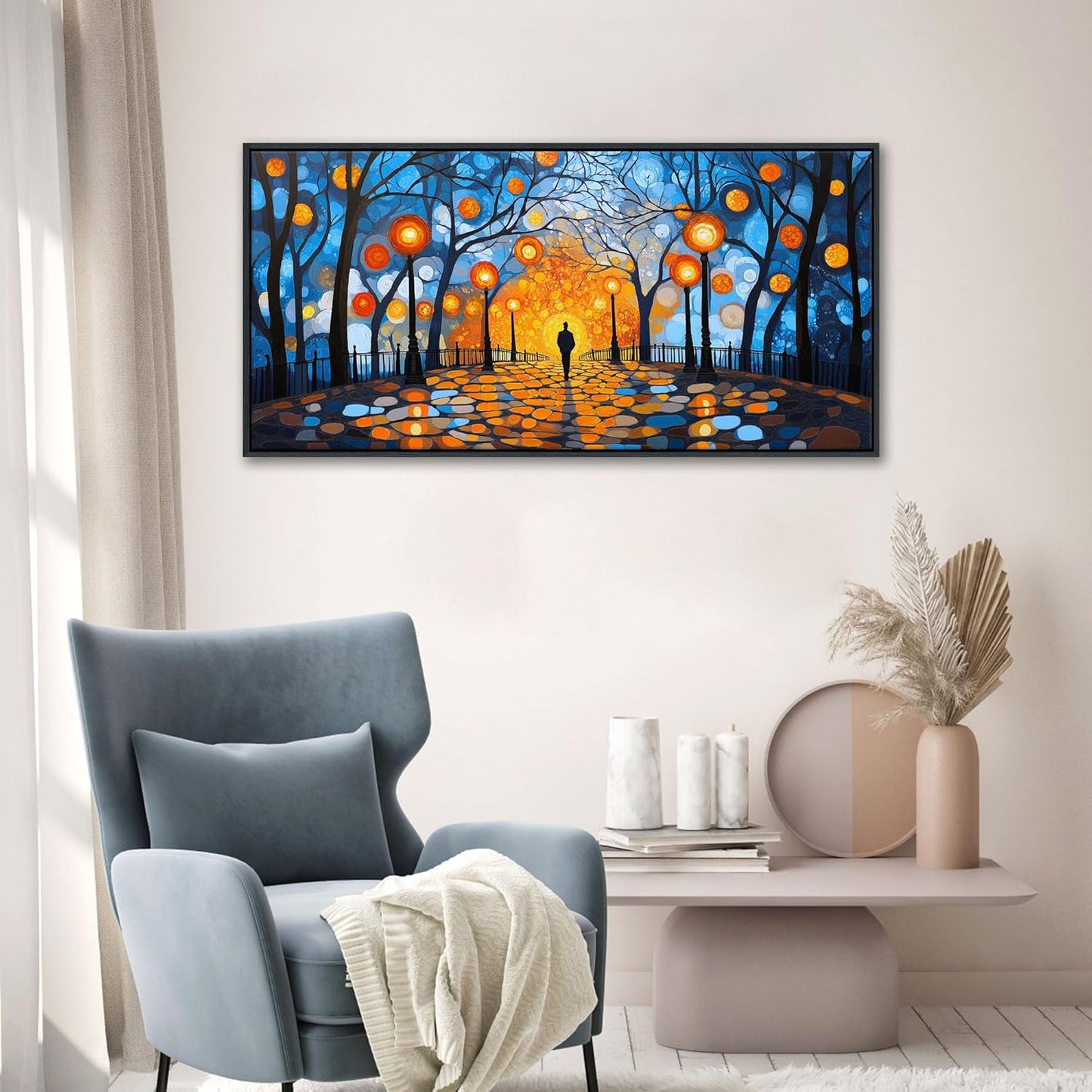 QZQCBLC Blue Canvas Wall Art, Abstract Night Scene Street Lights Wall Pictures Orange Halo Framed Paintings Trees Landscape Artwork for Living room Bathroom Bedroom Home Office Decor 20x40 IN