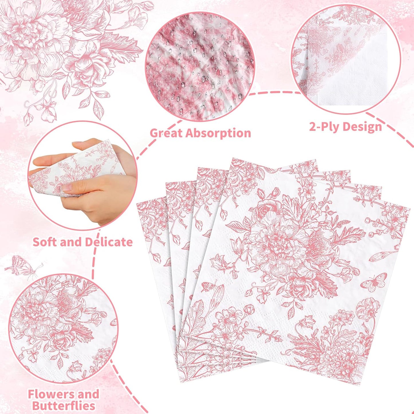 100 Pcs Pink Floral Napkins, Pink and White Toile Cocktail Napkins Vintage Flower Butterfly Design Cute Decoupage Napkin for Wedding, Bridal Baby Shower, Tea Party, 5 x 5 Inch