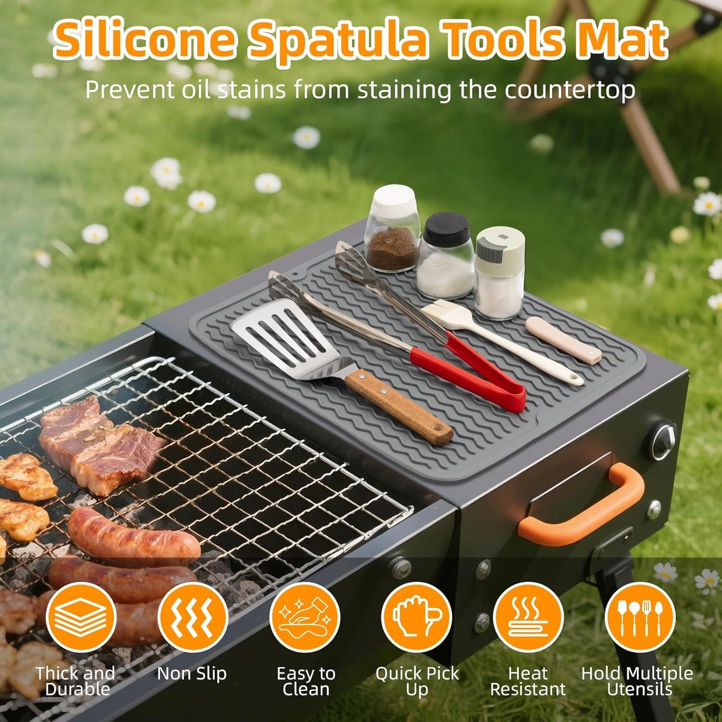 Blackstone Griddle Accessories Silicone Grill Side Shelf Tool Mat, Outdoor BBQ Spatula Mat, with Drip Pad Kitchen Countertop Heat Resistant Mat (Grey)