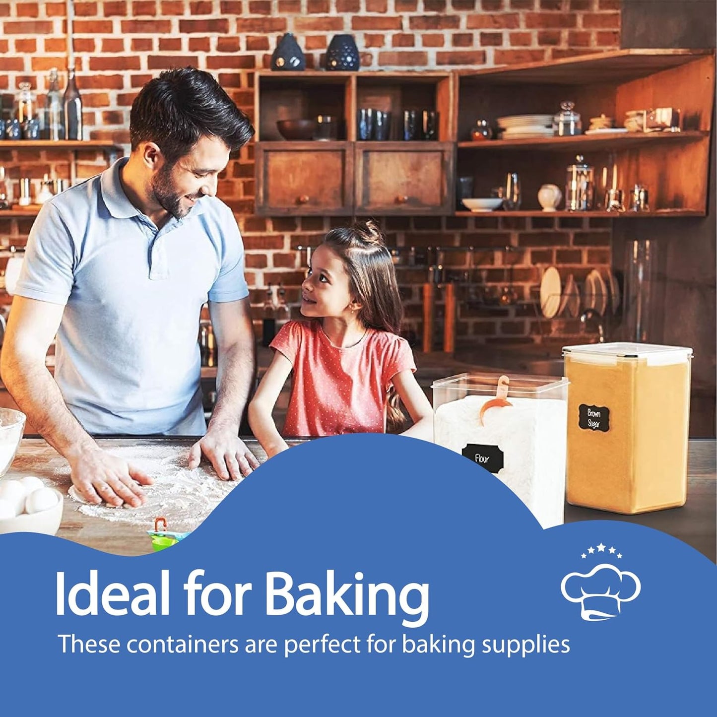 Chef's Path Extra Large Airtight Food Storage Containers with Blue Lid Color, Pack of 6, Kitchen and Pantry Canisters for Flour, Sugar, and Baking Supplies, Includes Measuring Spoons, Labels, and Pen