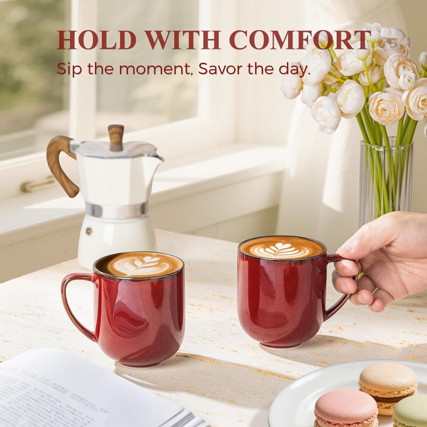 LERATIO 12OZ Ceramic Coffee Mugs Set of 6, Large Porcelain Coffee Cups With Large Handle For Latte,Cappuccino,Milk,Cocoa,|Dishwasher&Microwave Safe Mug Sets,Ideal for Man,Woman,Dad, Mom-Red