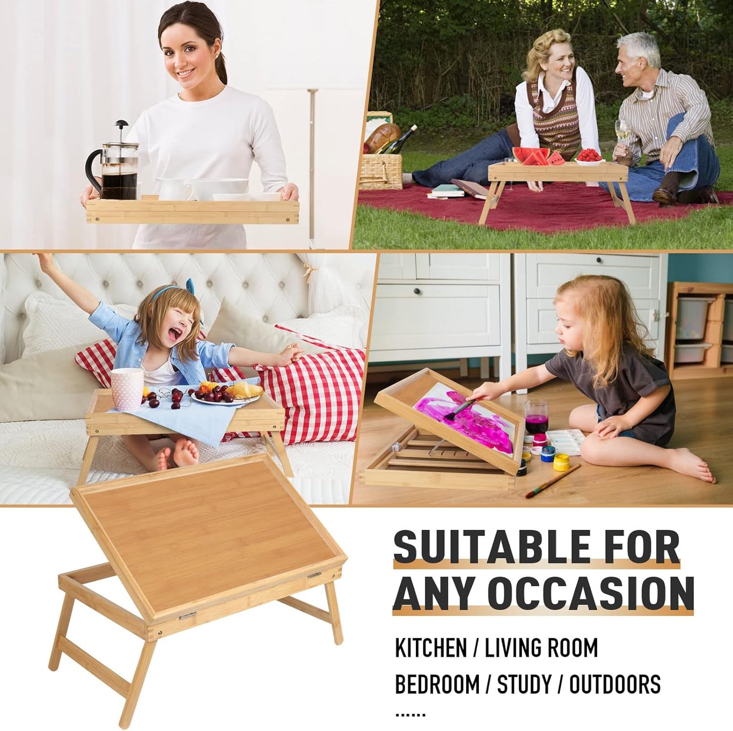 Bed Tray Breakfast Food Tray with Folding Legs Kitchen Serving Tray for Lap Desks Notebook Computer Sofa Platters TV Snack Tray(Beige, Large)