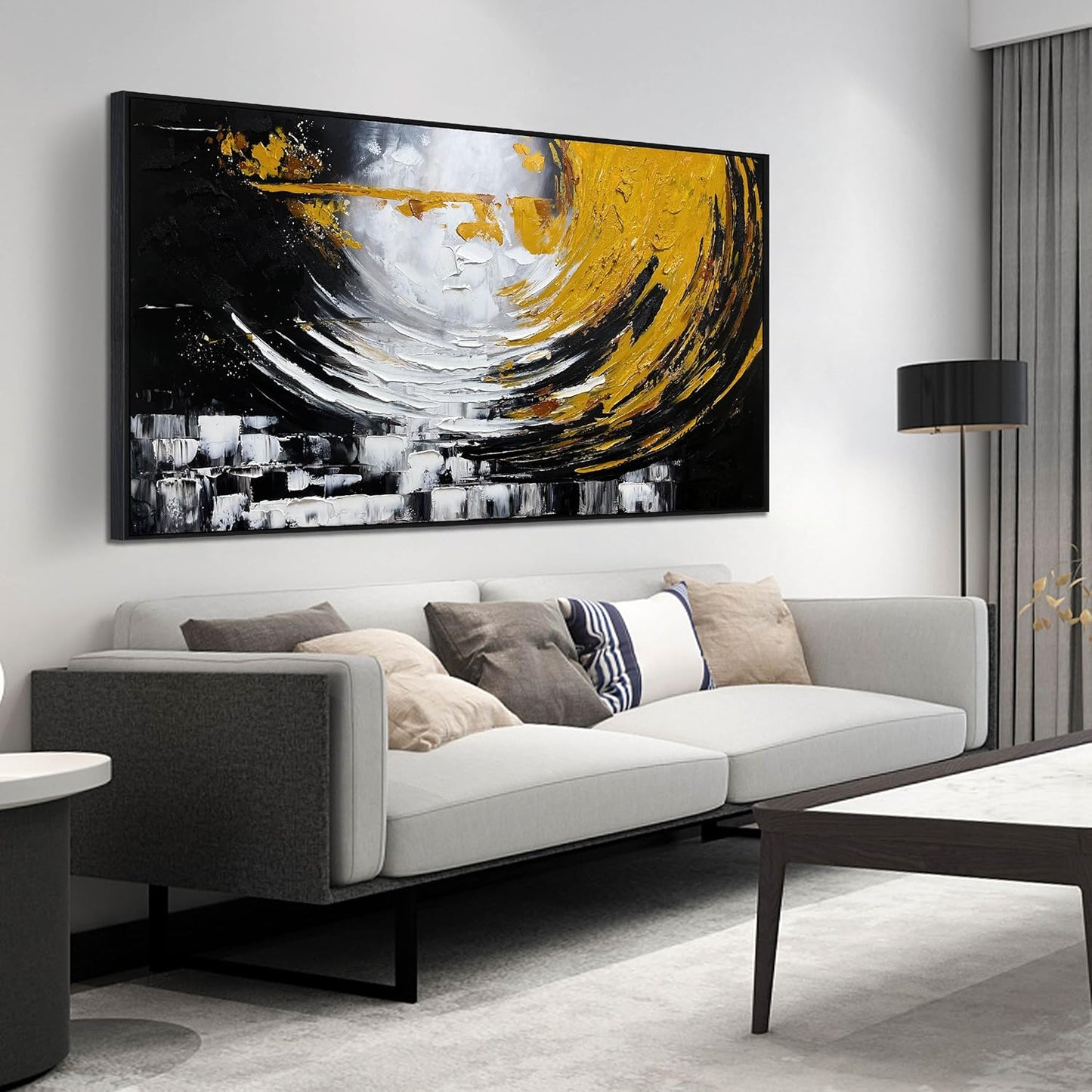Abstract Large Pictures for Living Room - Black White and Gold Hand Painted Wall Art for Office - Black Framed Canvas Wall Art for Bedroom Size 29" x 59"