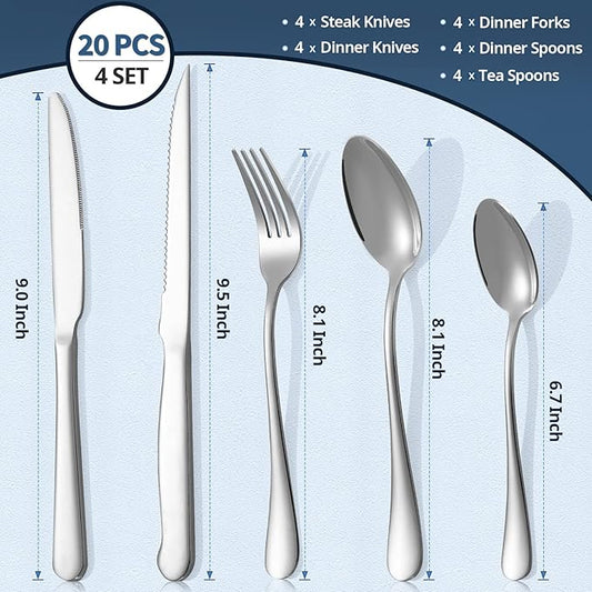20-Piece Silverware Set Service for 4, Food Grade Stainless Steel Flatware Cutlery Set Kitchen Utensils Set with Steak Knives For Home Restaurant Hotel, Mirror Polished