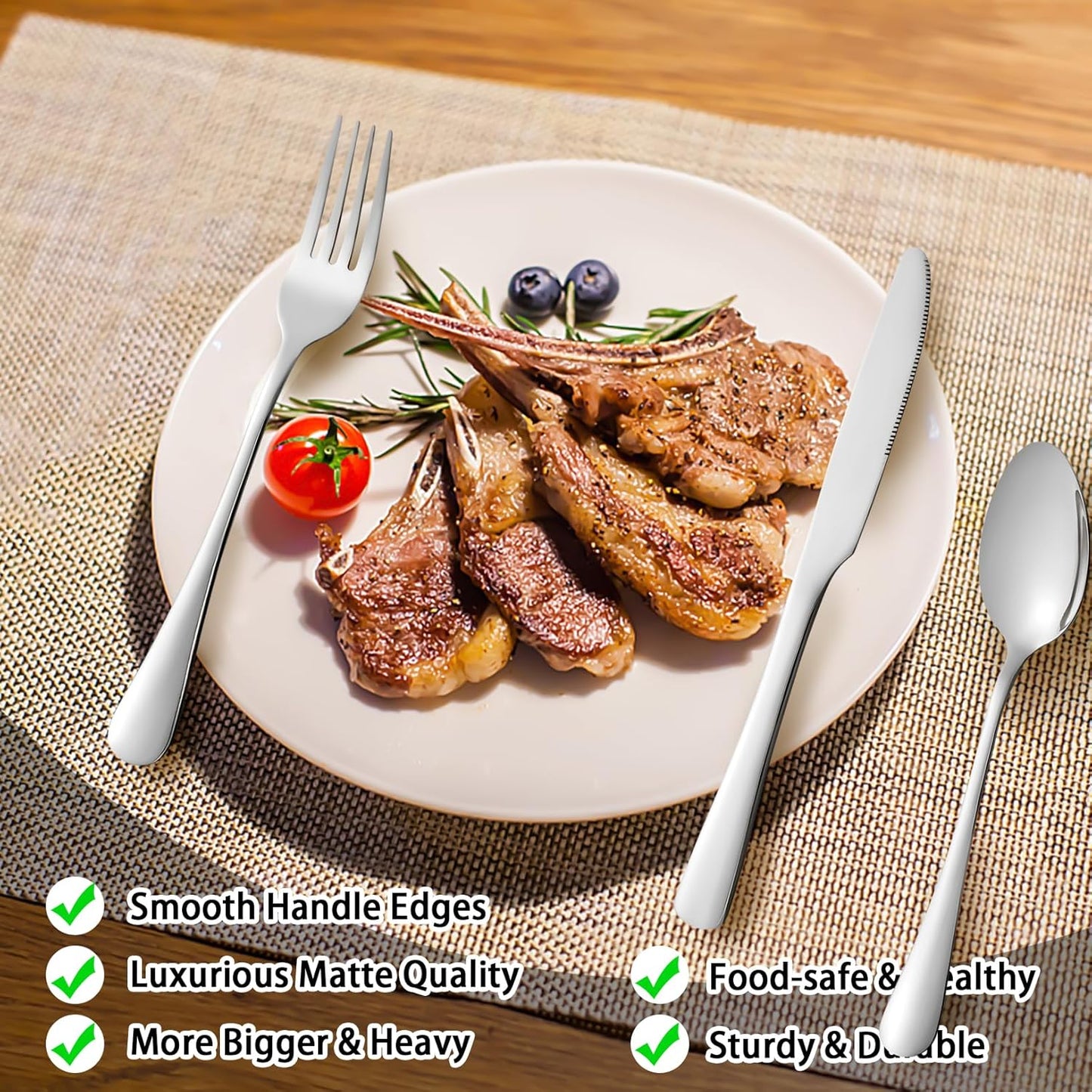 5pcs Stainless Steel Silverware Set, Kitchen Cutlery Set, Mirror Polished Forks Knives and Spoons Set for Home and Restaurant, Rust Resistant Eating Utensil Set