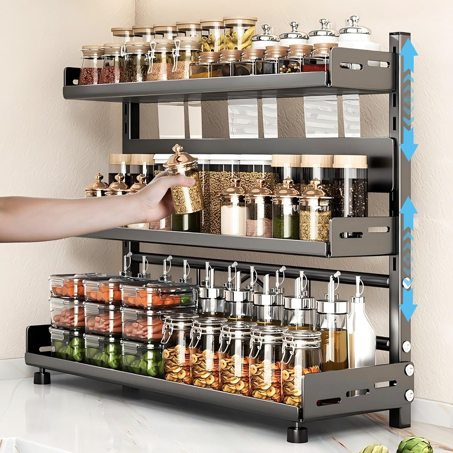 Spice Rack Organizer, 3-Tier Height-Adjustable Kitchen Countertop Spice Organizer Shelf, Metal Rust-Proof Standing Large Seasoning Organizer with Guardrail & Knife Block for Kitchen Bathroom