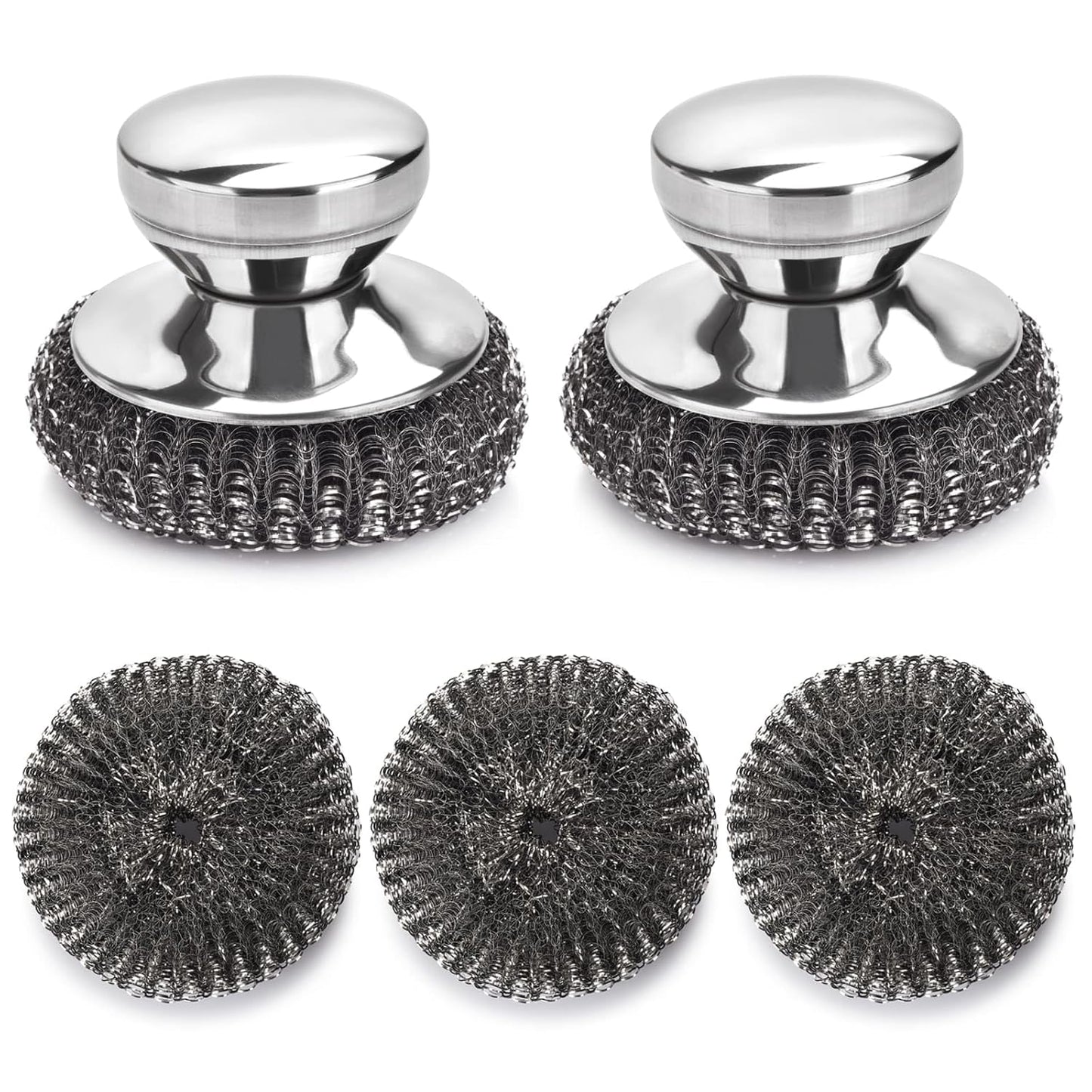 5PCS Stainless Steel Scrubber Pads, Steel Wool Scrubber Set with 2Pcs Handle, Stainless Scrubber for Cleaning Kitchen and Household, Dishes, Stoves, Grill, Wash Sink, Pots