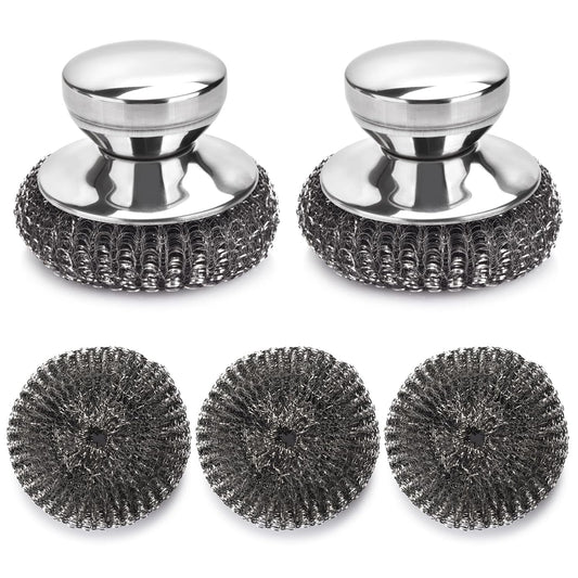 5PCS Stainless Steel Scrubber Pads, Steel Wool Scrubber Set with 2Pcs Handle, Stainless Scrubber for Cleaning Kitchen and Household, Dishes, Stoves, Grill, Wash Sink, Pots