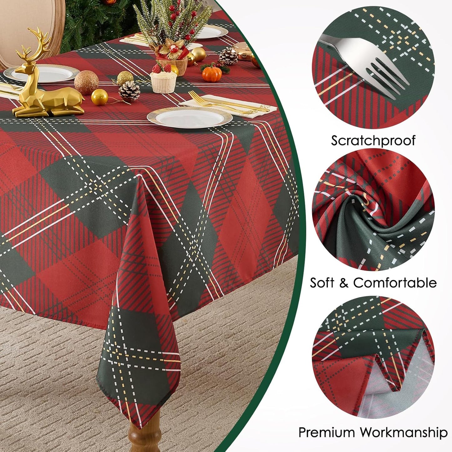 Christmas Tablecloth Rectangular 60x102 Inch Waterproof, Machine Washable Checkered Polyester Table Cover for Xmas Party, Winter Holiday Home Decoration in Festive Checkered Green 1pack