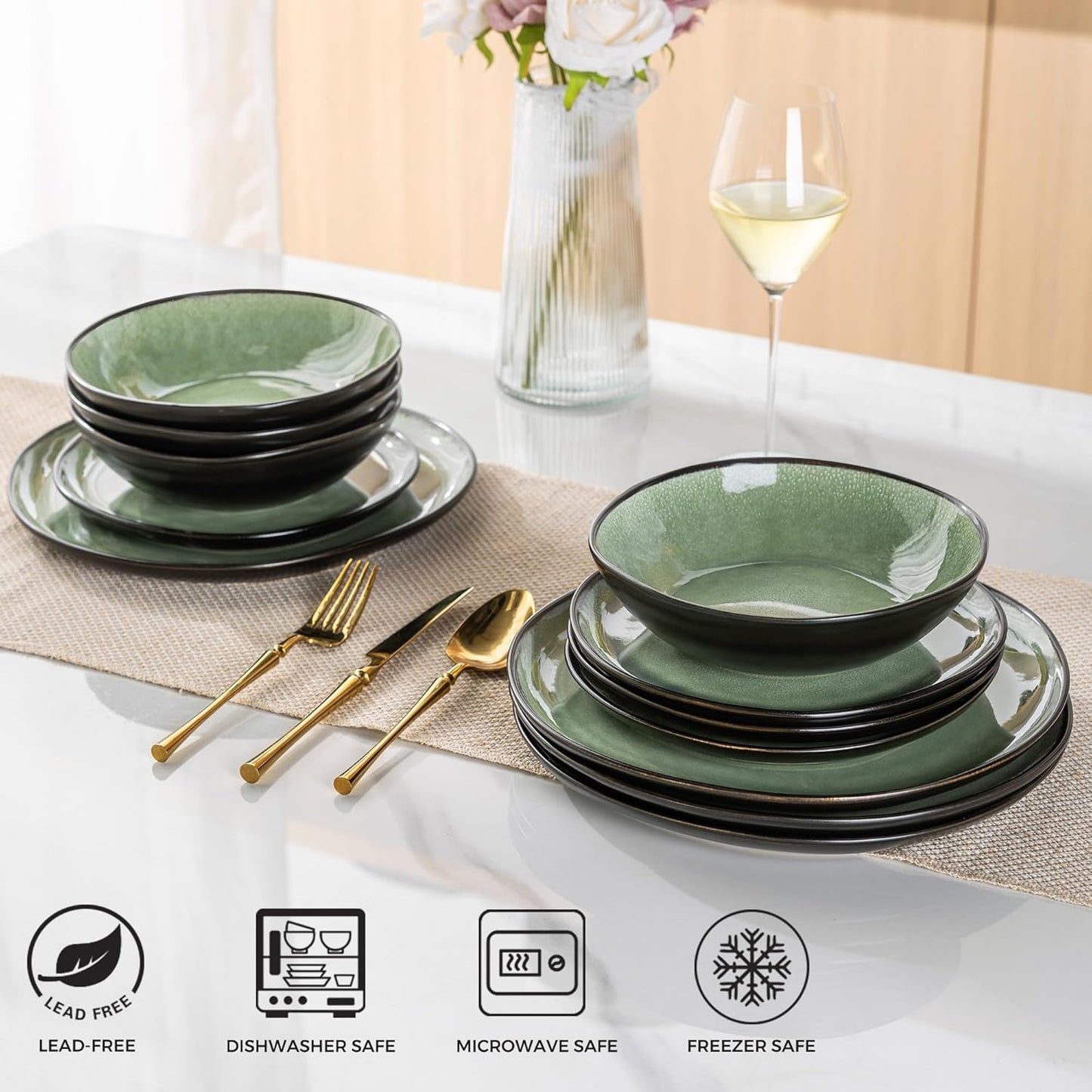 AmorArc Ceramic Dinnerware Sets,Handmade Reactive Glaze Stoneware Plates and Bowls Set,Highly Chip and Crack Resistant | Dishwasher & Microwave Safe Dishes Set,Service for 4 (12pc)