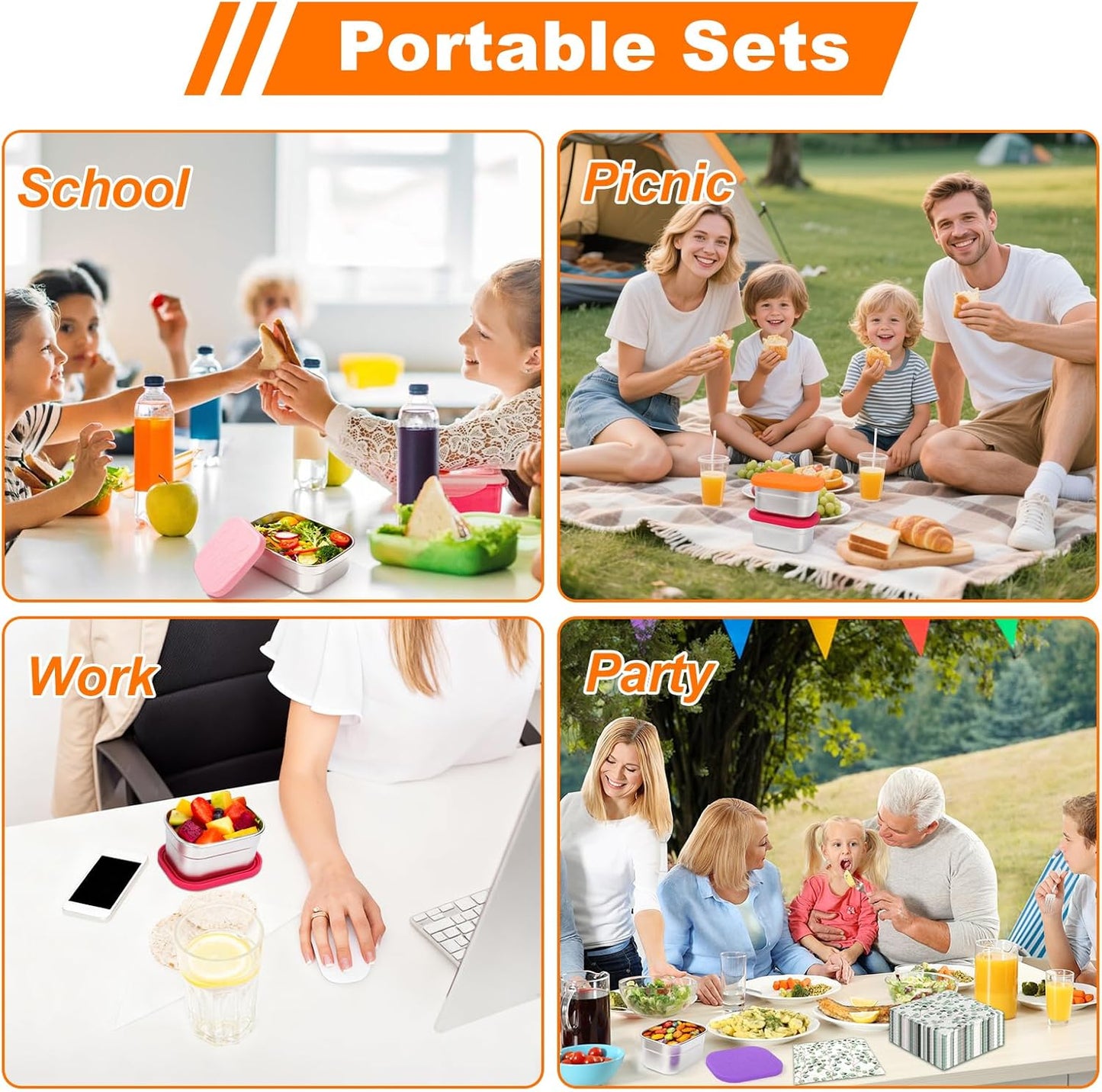 4 Pack Stainless Steel Snack Containers with Lids Set, Rectangular Easy Open Leakproof Reusable Snack Box Container for Lunch, Small Lunch Food Containers for Meal Prep, Salad Dressing To Go