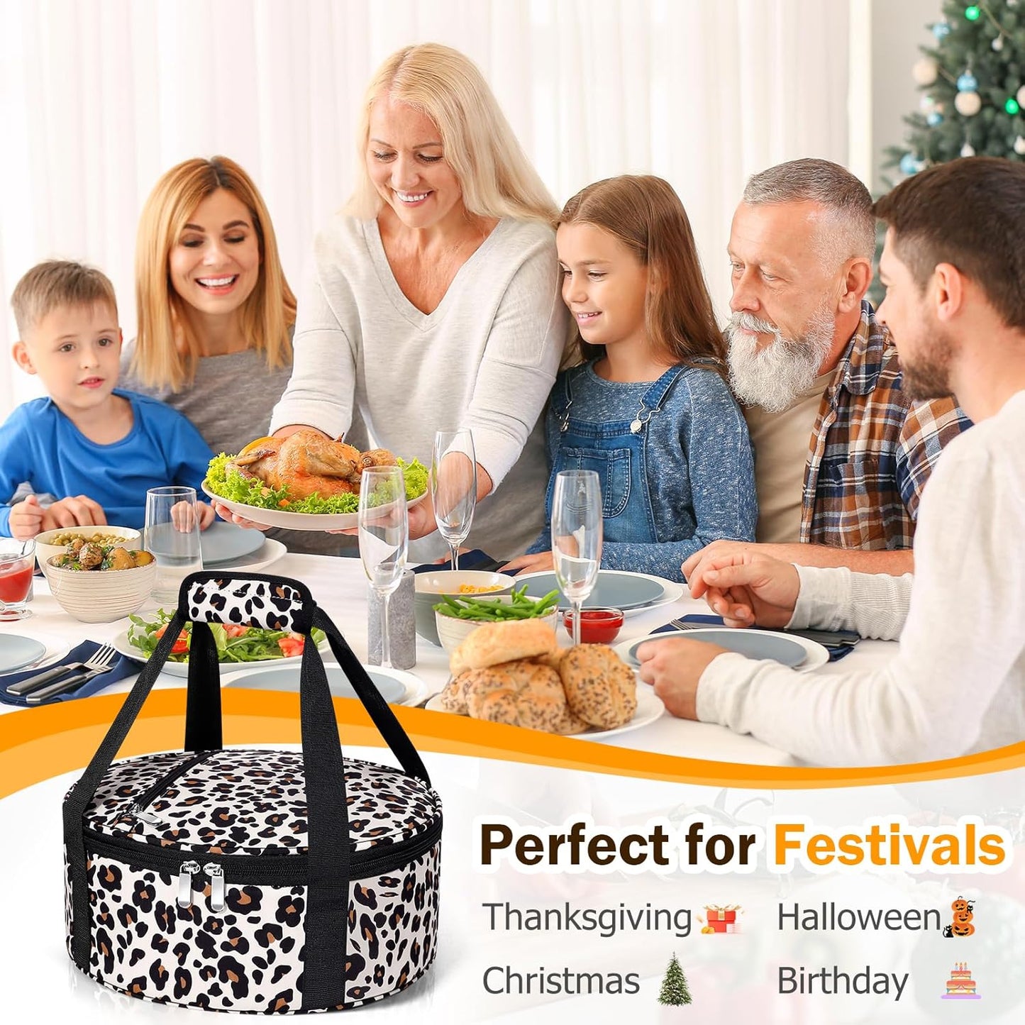 Round Insulated Casserole Carrier, Pie Carrier Bag, Portable Casserole Carrier for Hot or Cold Food Lunch Tote Warmer or Cooler Bag, Lunch Bag for Parties Picnic, Fits 12.5" Baking Dish, Leopard