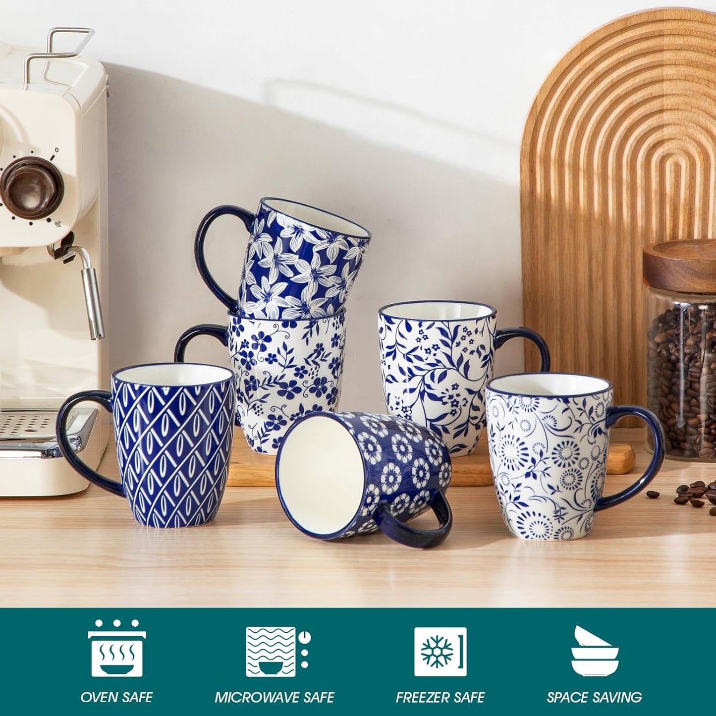 vancasso SELENE Coffee Mugs Set of 6, 12 Oz Porcelain Coffee Cups with Handle, Ceramic Tea Cup for Cappuccino, Latte, Tea, Cocoa, Dishwasher & Microwave Safe Gift Sets, Vintage Blue